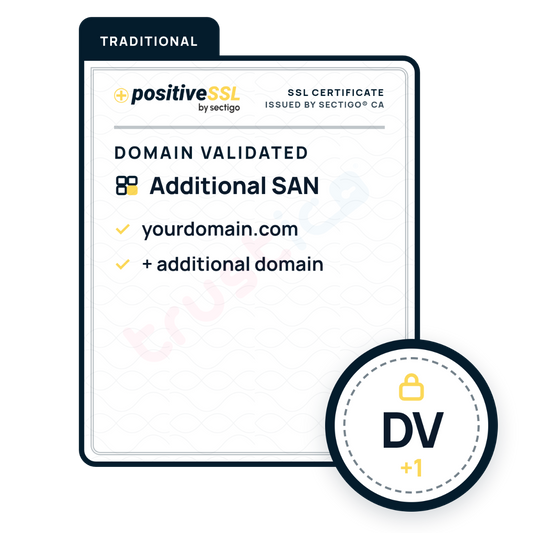 Infographic for Sectigo CA’s PositiveSSL DV + Multi Domain - Additional SAN, illustrating a Domain Validated (DV) SSL certificate license with support for multiple domains (SANs) such as yourdomain.com and another domain. Features a badge labeled “DV +1” and the word “Traditional” at the top.