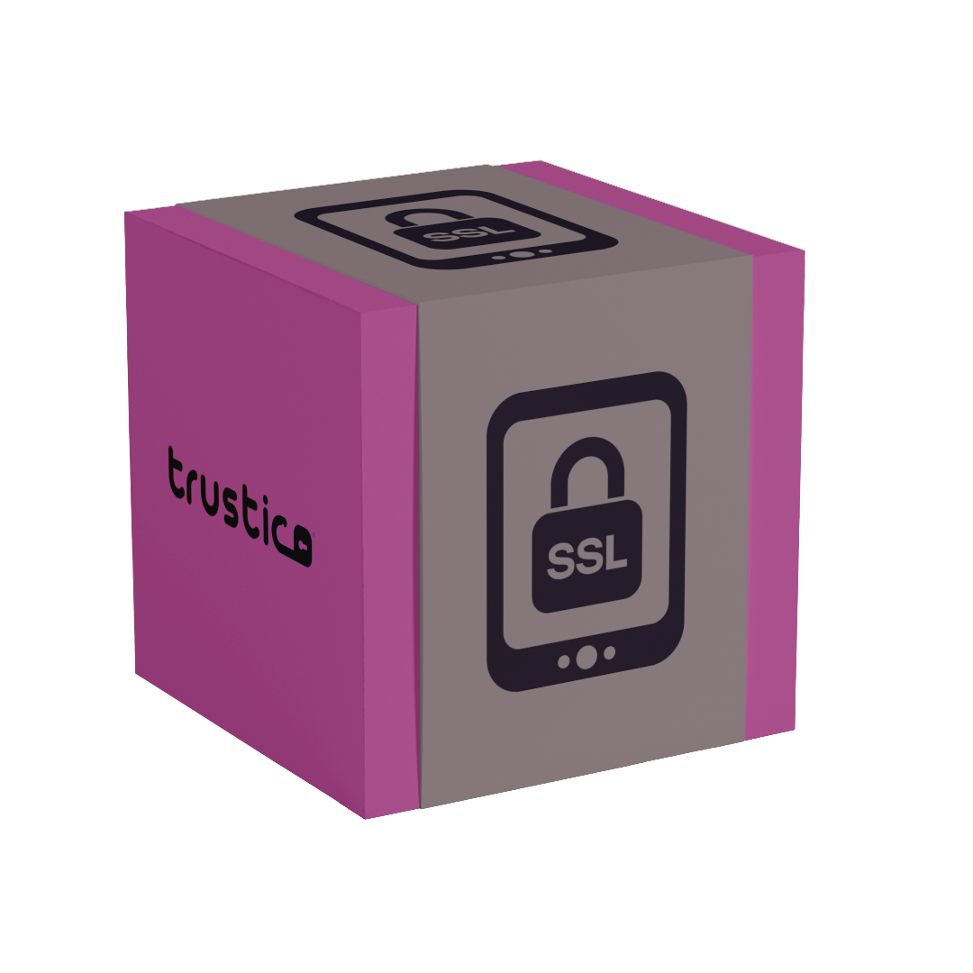 A purple and gray cube showcases the word Trustico® on one side and a padlock icon labeled “CaaS DV + Wildcard SSL Certificate” from Trustico® on another, symbolizing secure digital communication through SSL certificates.