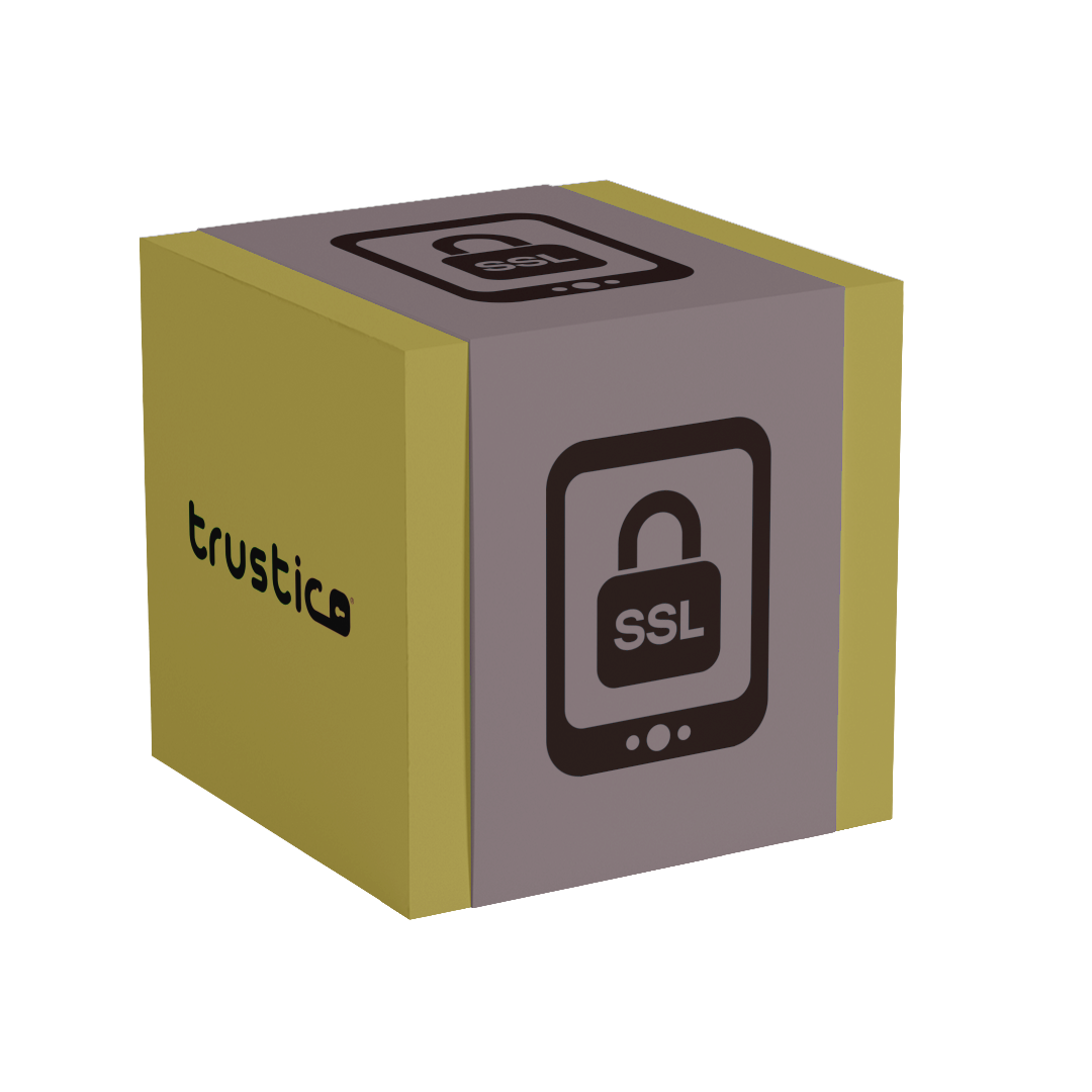 An image of a yellow and gray box displays a padlock icon labeled “SSL” on one side and the Trustico CA brand name on another, symbolizing internet security and SSL certificates like the Trustico® CaaS DV + Wildcard + Multi Domain.